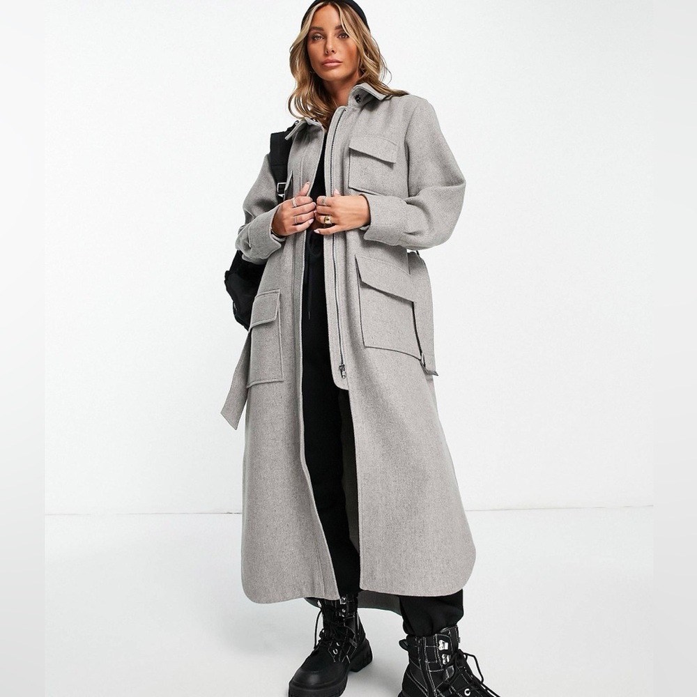 TopShop Women’s Grey Longline Belted Utility Coat